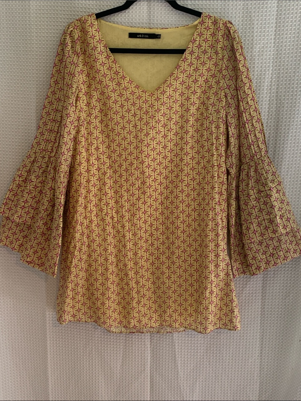 Yellow Patterned V-Neck Bell Sleeve boho cottagecore garden party Tunic top